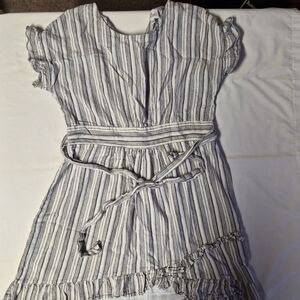 Ava James Striped Linen-Blend Ruffle Midi Dress – XL | Coastal Cottagecore